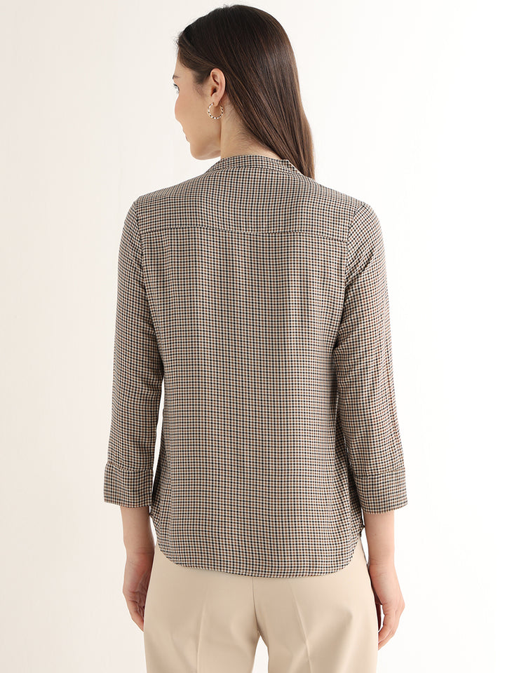 Hancock Women Beige & Brown Checked Viscose Rayon Regular Fit Formal Top