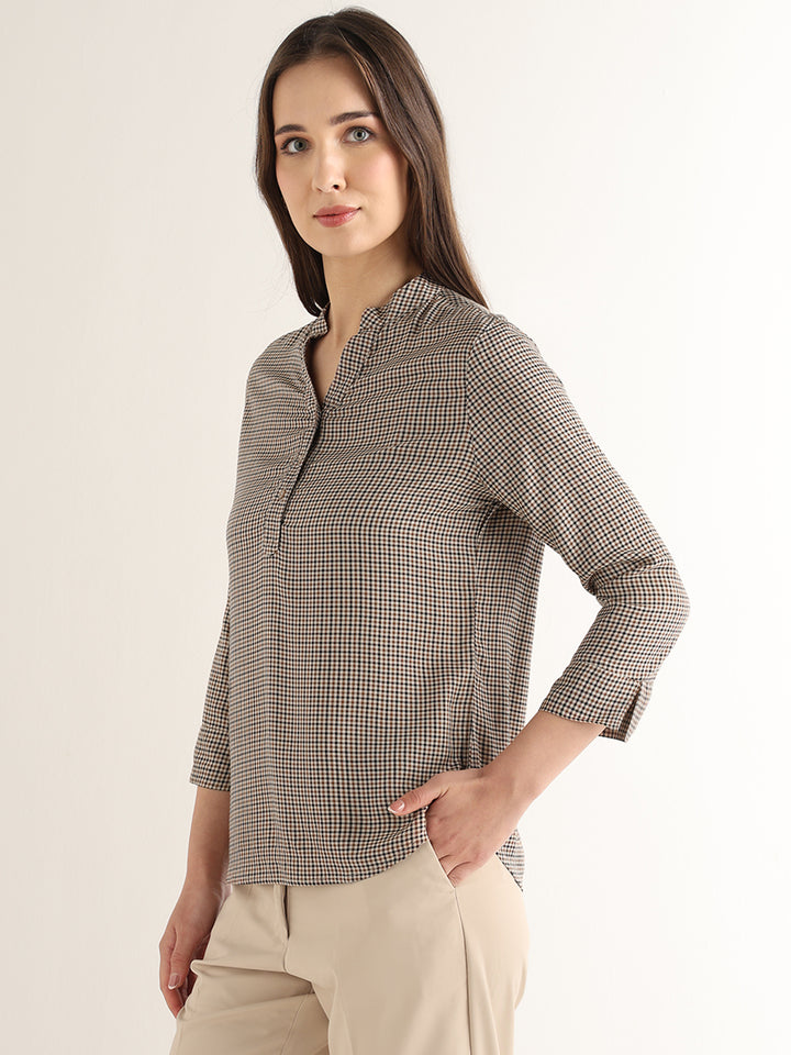 Hancock Women Beige & Brown Checked Viscose Rayon Regular Fit Formal Top