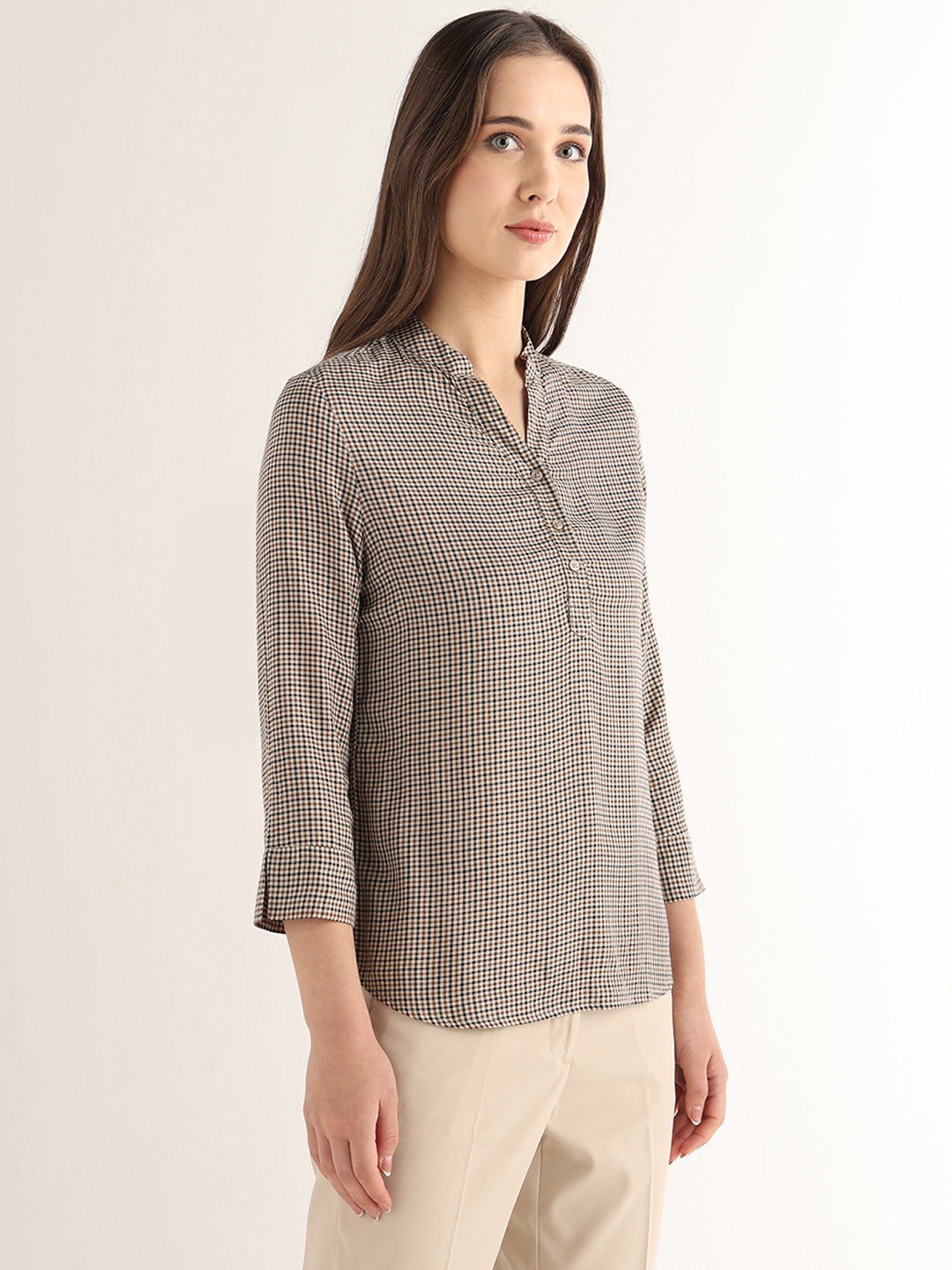 Hancock Women Beige & Brown Checked Viscose Rayon Regular Fit Formal Top