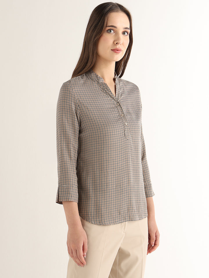 Hancock Women Beige & Brown Checked Viscose Rayon Regular Fit Formal Top