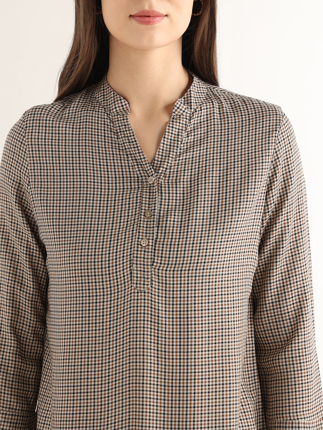 Hancock Women Beige & Brown Checked Viscose Rayon Regular Fit Formal Top