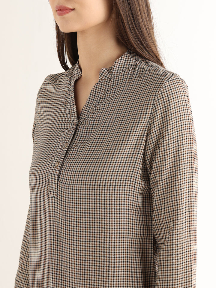Hancock Women Beige & Brown Checked Viscose Rayon Regular Fit Formal Top