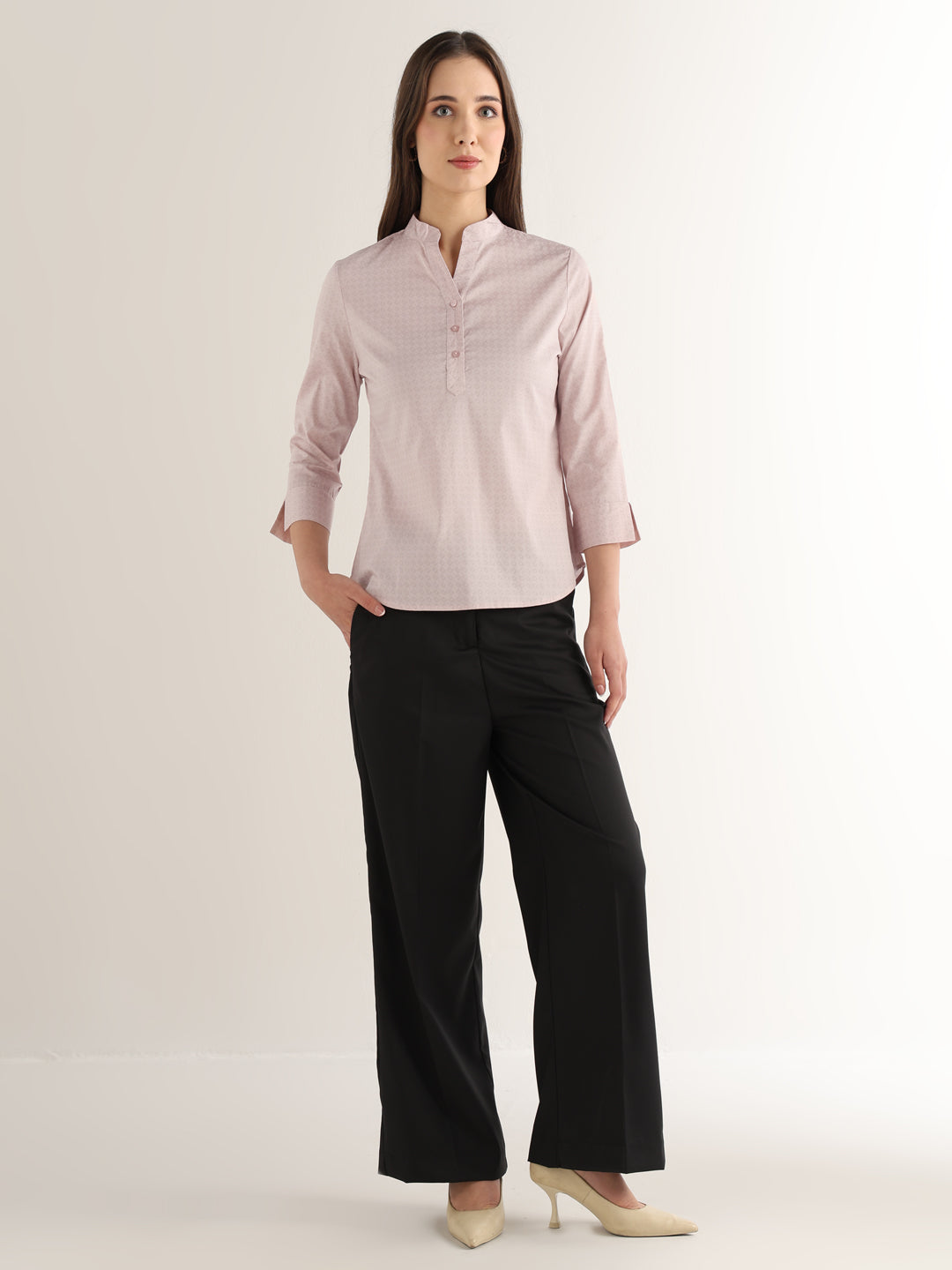 Hancock Women Pink Solid Self Design Satin Regular Fit Formal Top