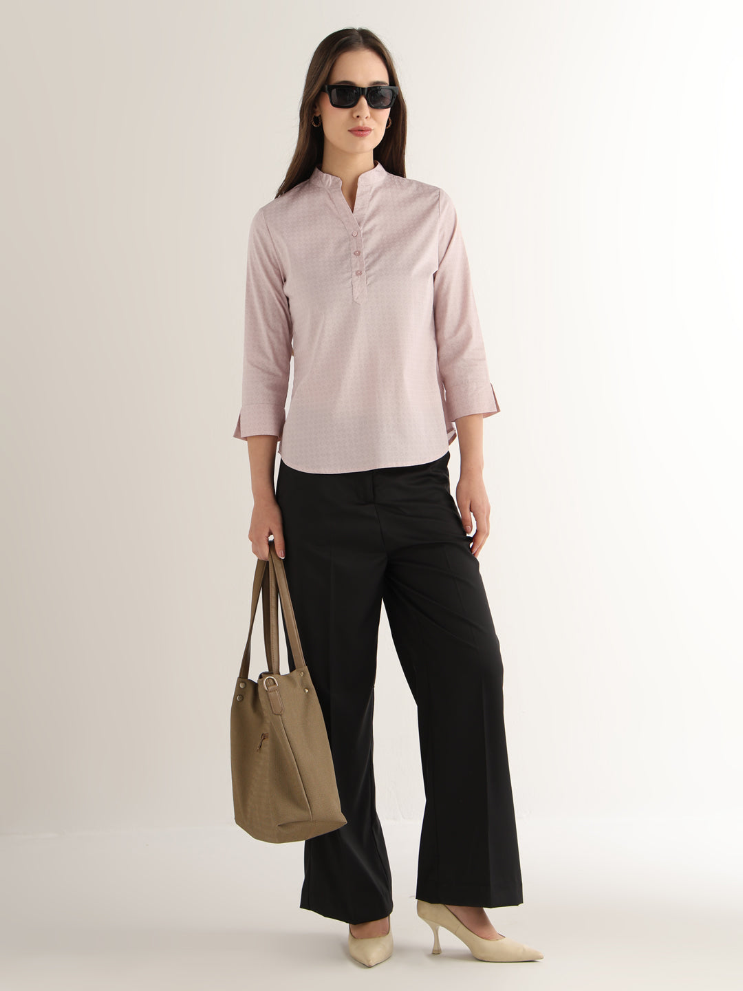 Hancock Women Pink Solid Self Design Satin Regular Fit Formal Top