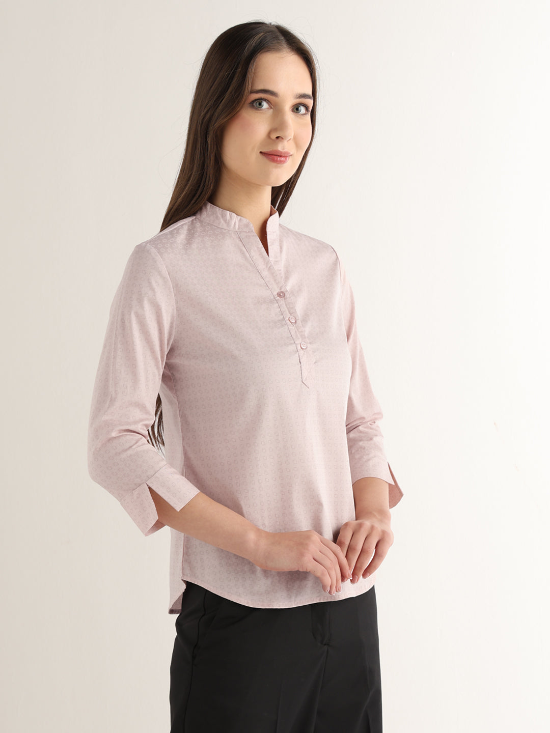 Hancock Women Pink Solid Self Design Satin Regular Fit Formal Top