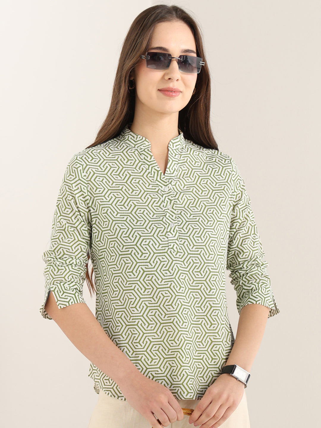 Hancock Women White & Green Printed Pure Cotton Regular Fit Formal Top