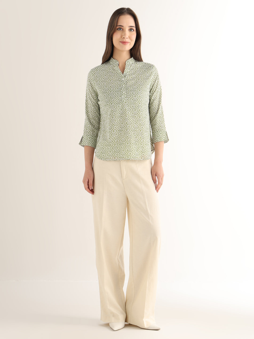 Hancock Women White & Green Printed Pure Cotton Regular Fit Formal Top
