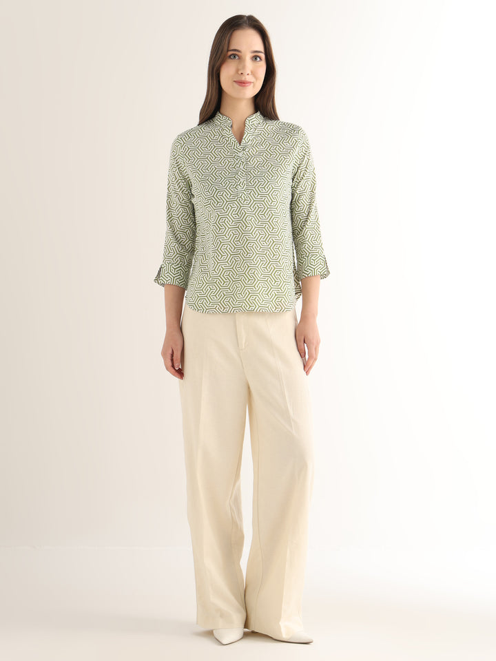 Hancock Women White & Green Printed Pure Cotton Regular Fit Formal Top