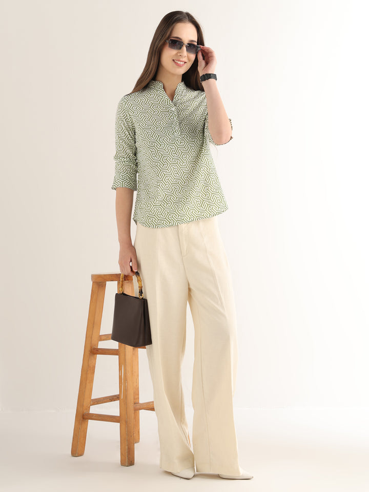 Hancock Women White & Green Printed Pure Cotton Regular Fit Formal Top