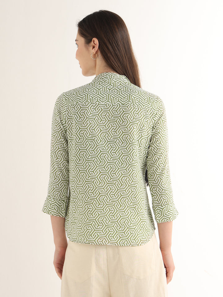 Hancock Women White & Green Printed Pure Cotton Regular Fit Formal Top