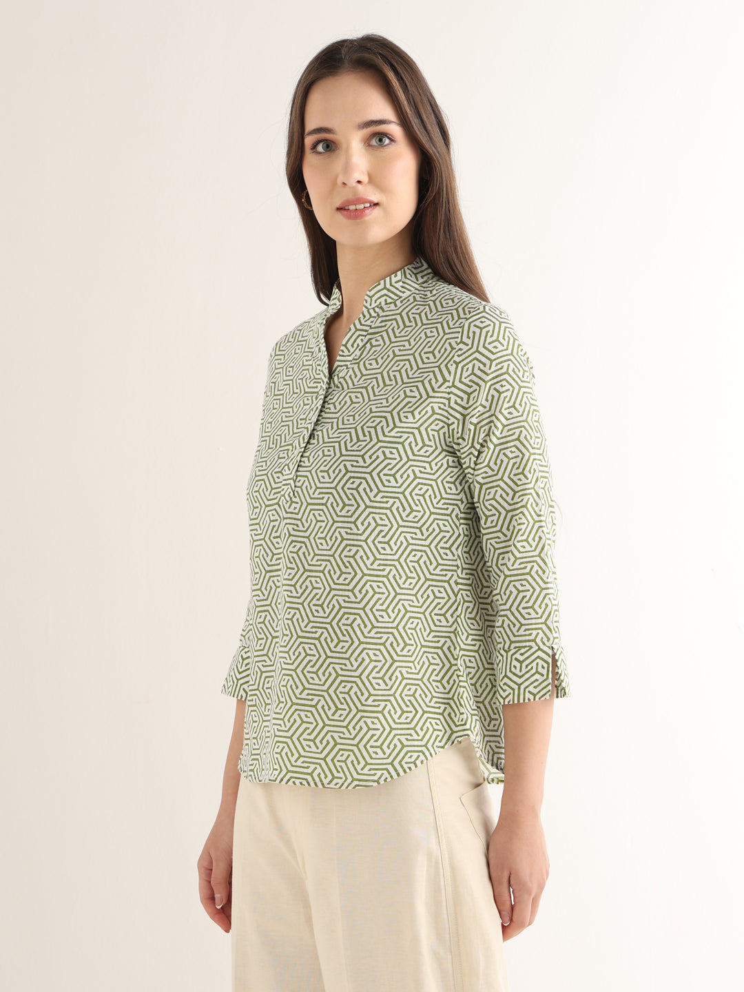 Hancock Women White & Green Printed Pure Cotton Regular Fit Formal Top