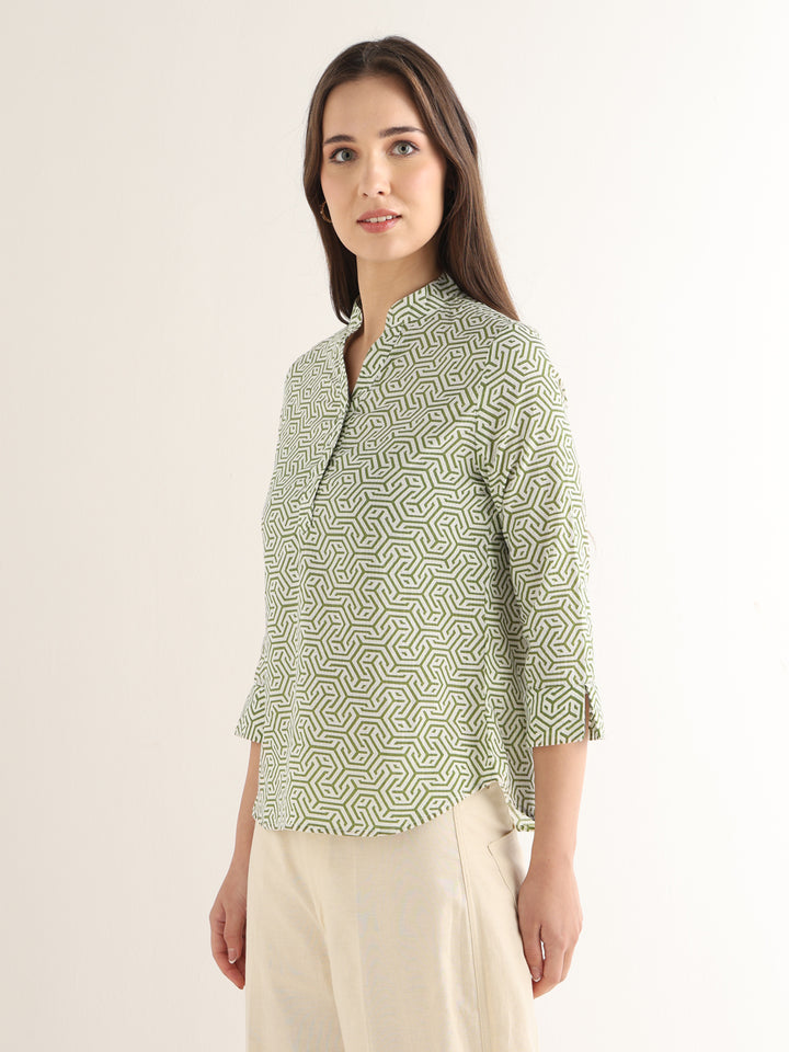 Hancock Women White & Green Printed Pure Cotton Regular Fit Formal Top