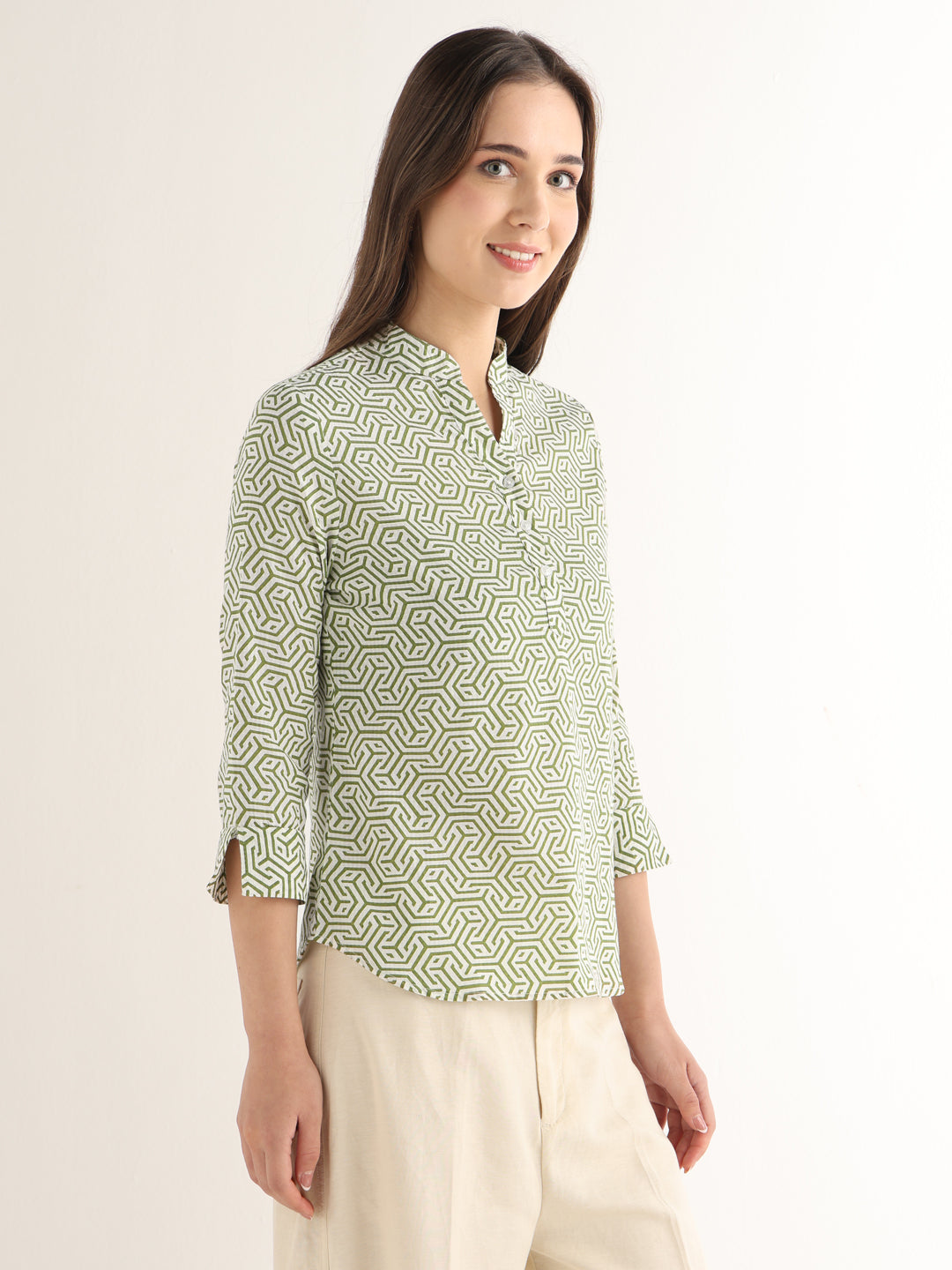 Hancock Women White & Green Printed Pure Cotton Regular Fit Formal Top