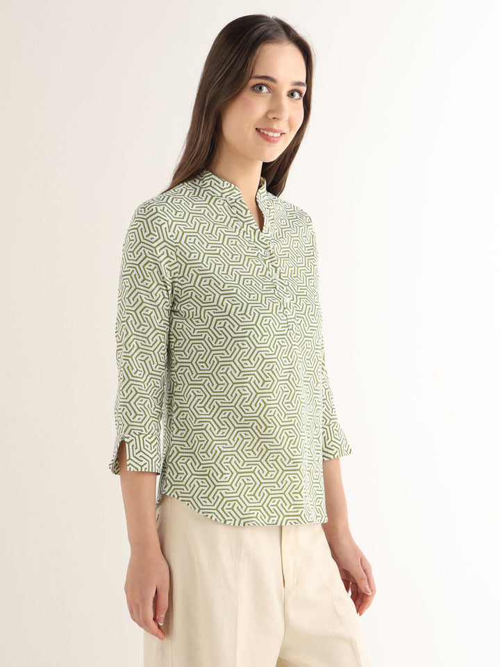 Hancock Women White & Green Printed Pure Cotton Regular Fit Formal Top