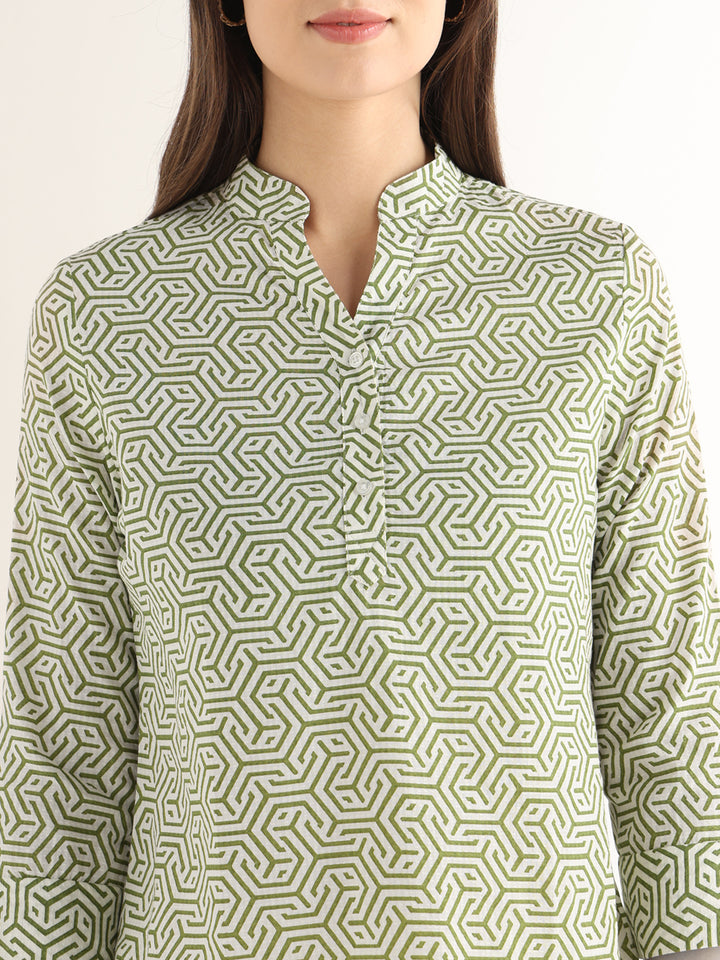 Hancock Women White & Green Printed Pure Cotton Regular Fit Formal Top