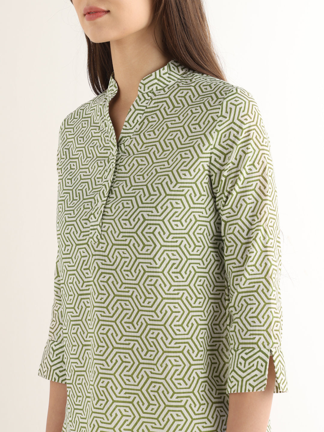 Hancock Women White & Green Printed Pure Cotton Regular Fit Formal Top