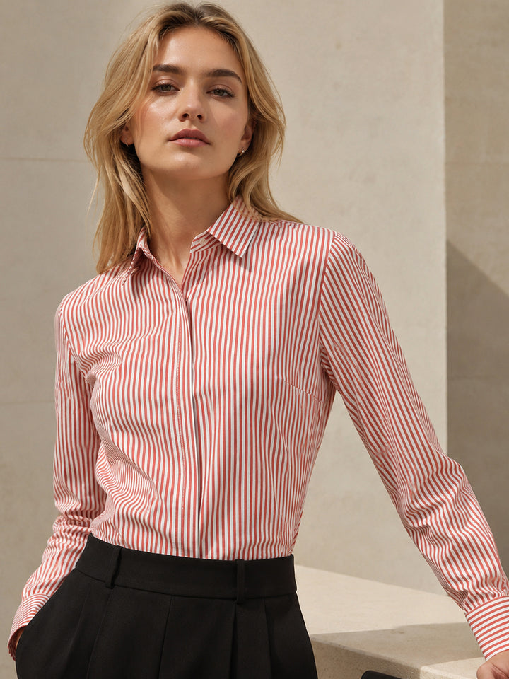 Women White & Red Stripes Pure Cotton Slim Fit Formal Shirt