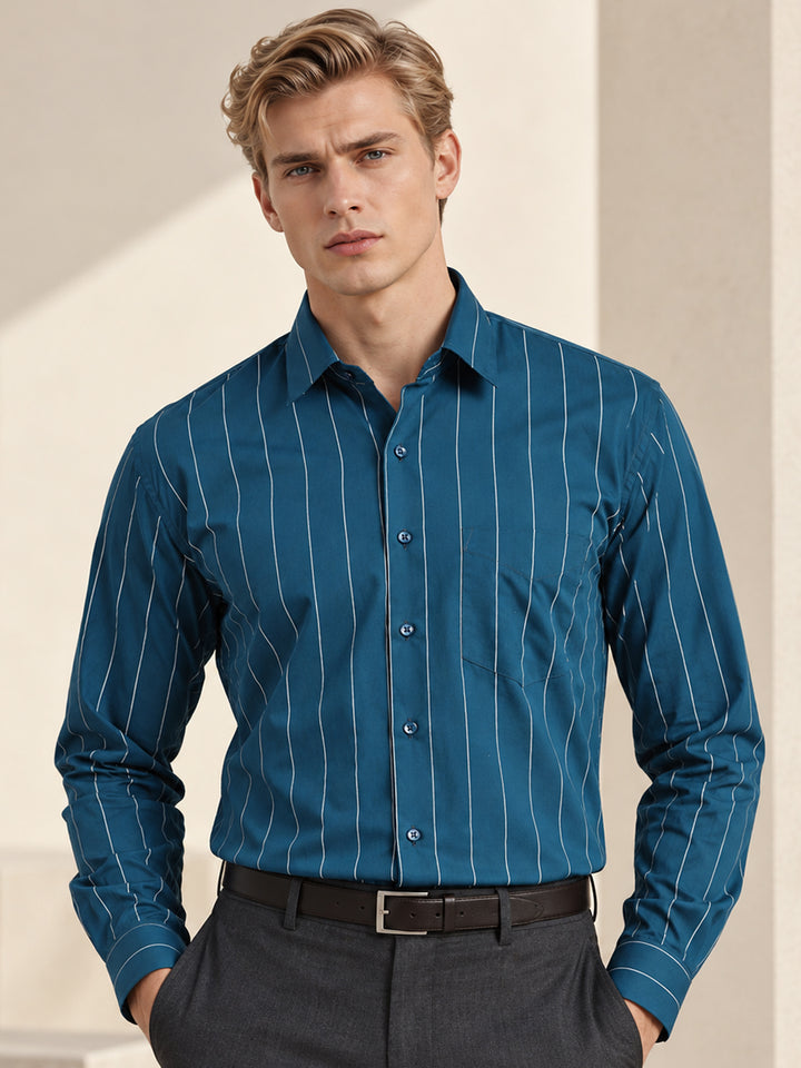 Men Turquoise Blue Stripes Pure Cotton Slim Fit Formal Shirt