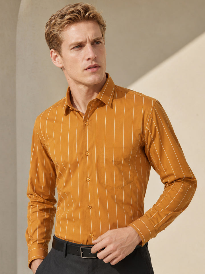 Men Mustard Stripes Pure Cotton Slim Fit Formal Shirt