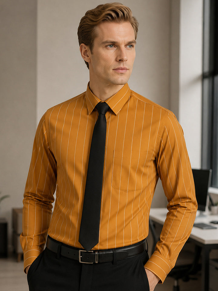 Men Mustard Stripes Pure Cotton Slim Fit Formal Shirt