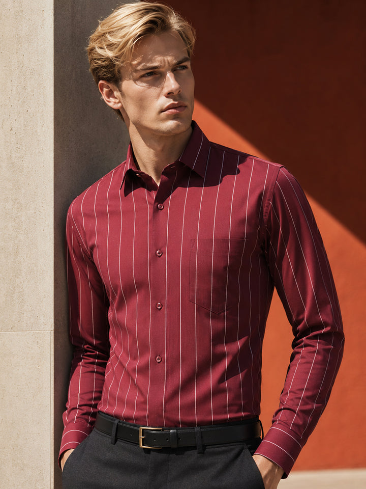 Men Maroon Stripes Pure Cotton Slim Fit Formal Shirt