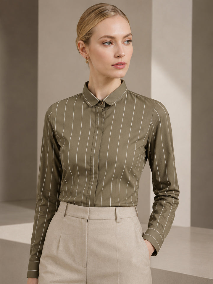 Women Olive Striped Pure Cotton Slim Fit Formal Shirt