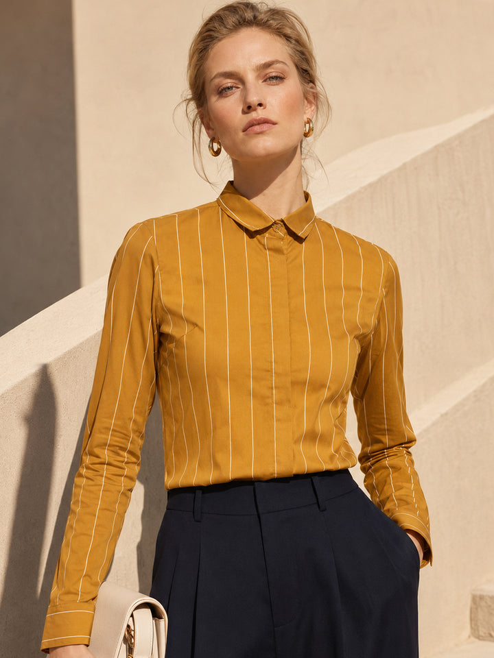 Women Mustard Striped Pure Cotton Slim Fit Formal Shirt