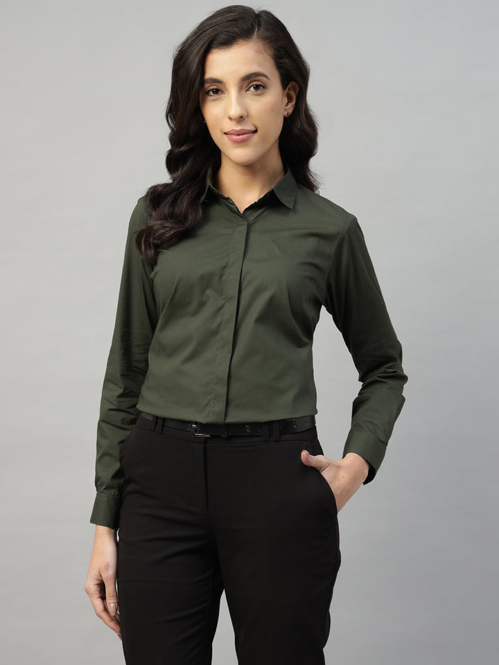 Hancock Women Olive Solid Cotton Elastene Regular Fit Formal Shirt