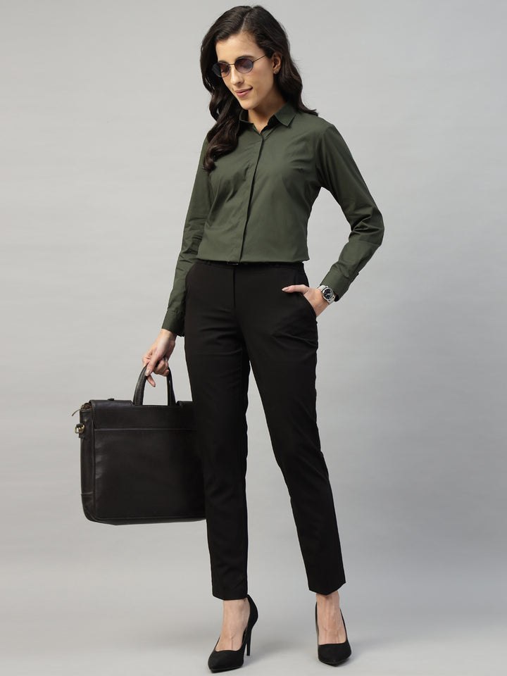 Hancock Women Olive Solid Cotton Elastene Regular Fit Formal Shirt