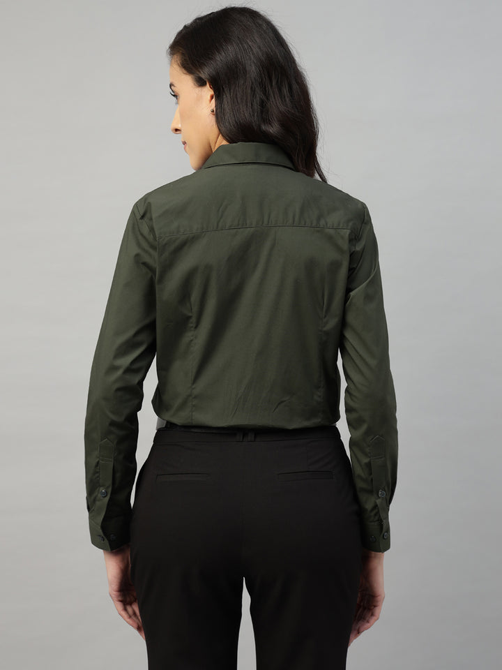 Hancock Women Olive Solid Cotton Elastene Regular Fit Formal Shirt