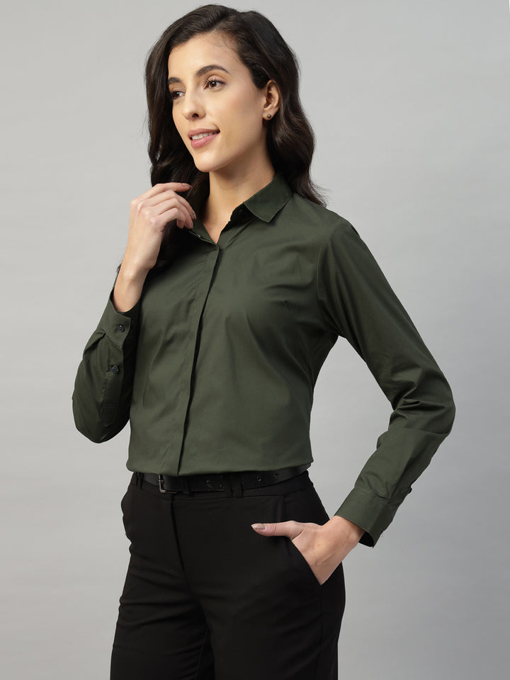 Hancock Women Olive Solid Cotton Elastene Regular Fit Formal Shirt