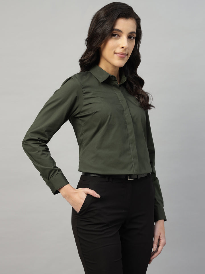 Hancock Women Olive Solid Cotton Elastene Regular Fit Formal Shirt