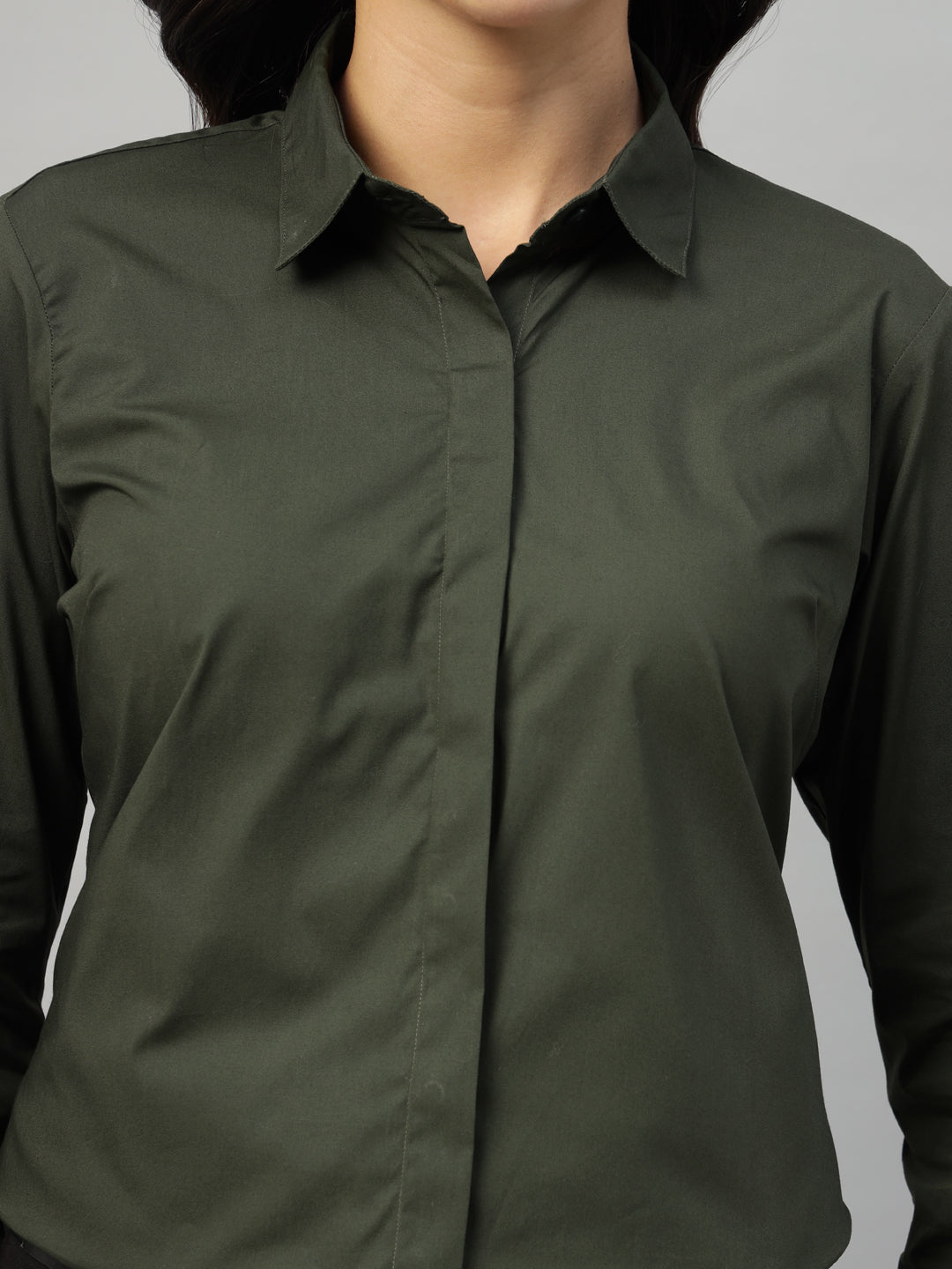 Hancock Women Olive Solid Cotton Elastene Regular Fit Formal Shirt