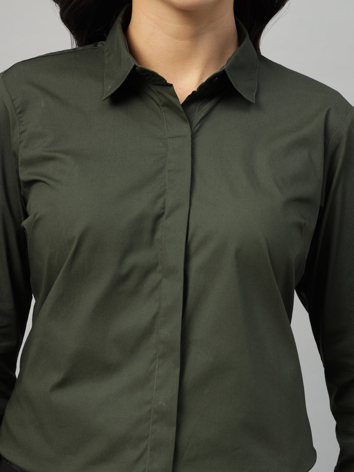 Hancock Women Olive Solid Cotton Elastene Regular Fit Formal Shirt