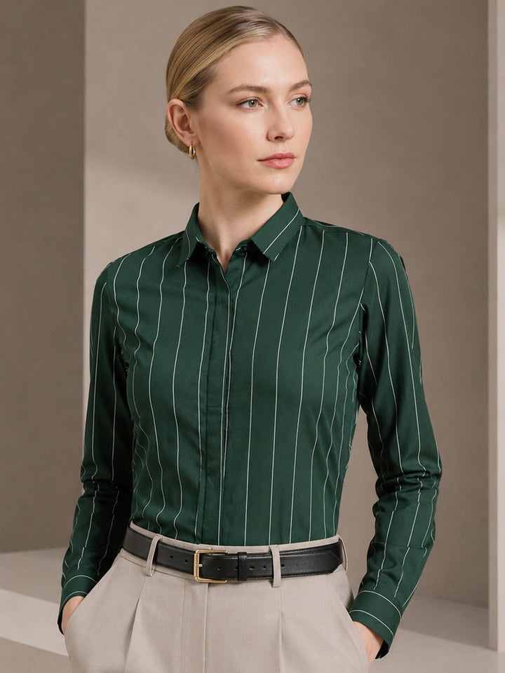 Women Bottle Green Striped Pure Cotton Slim Fit Formal Shirt