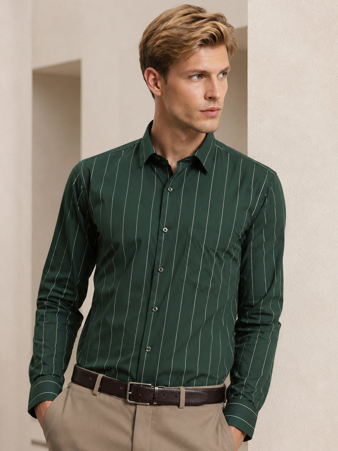 Men Bottle Green Stripes Pure Cotton Slim Fit Formal Shirt
