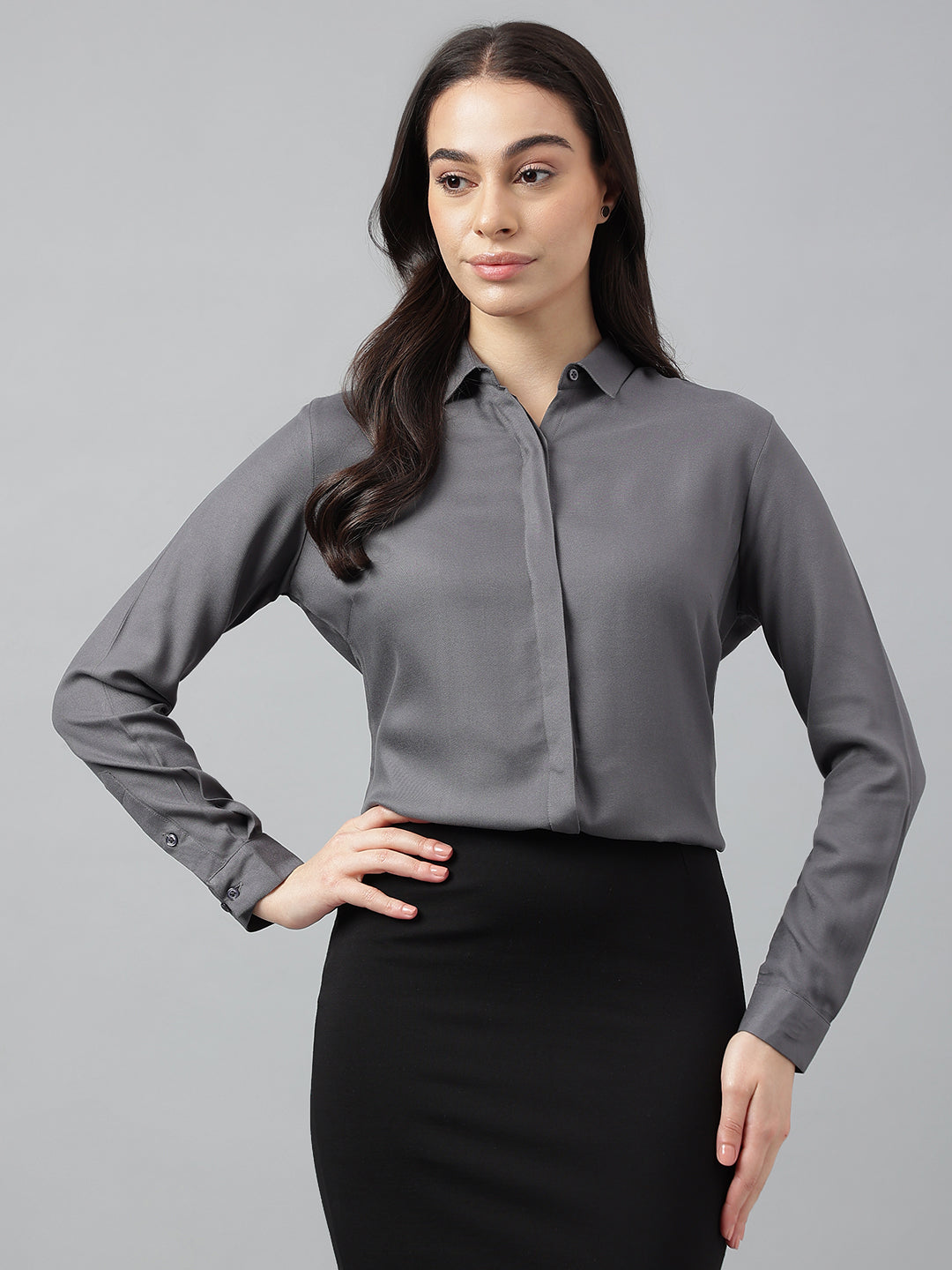 Women Grey Solid Viscose Rayon Regular Fit Formal Shirt