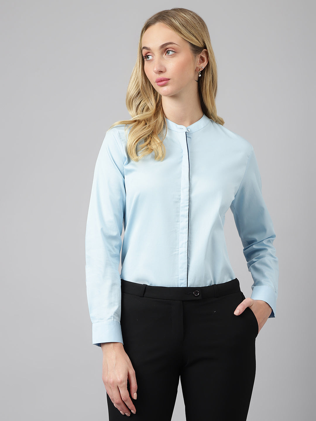 Women Sky Blue Solid Pure Cotton Regular Fit Formal Shirt