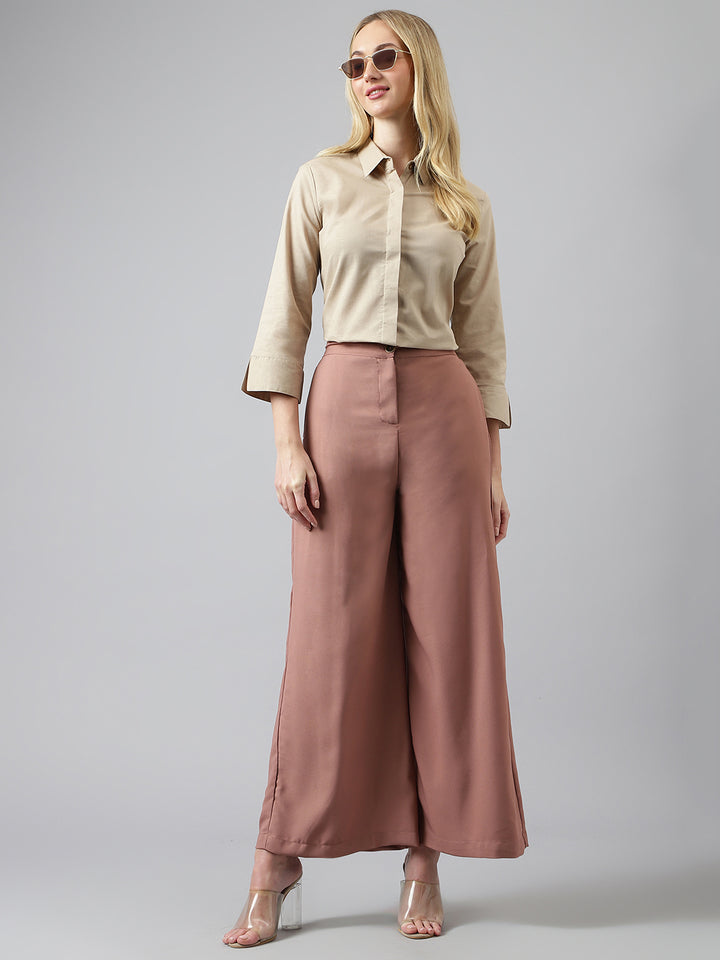 Women Brown Solid Linen Cotton Regular Fit Formal Shirt
