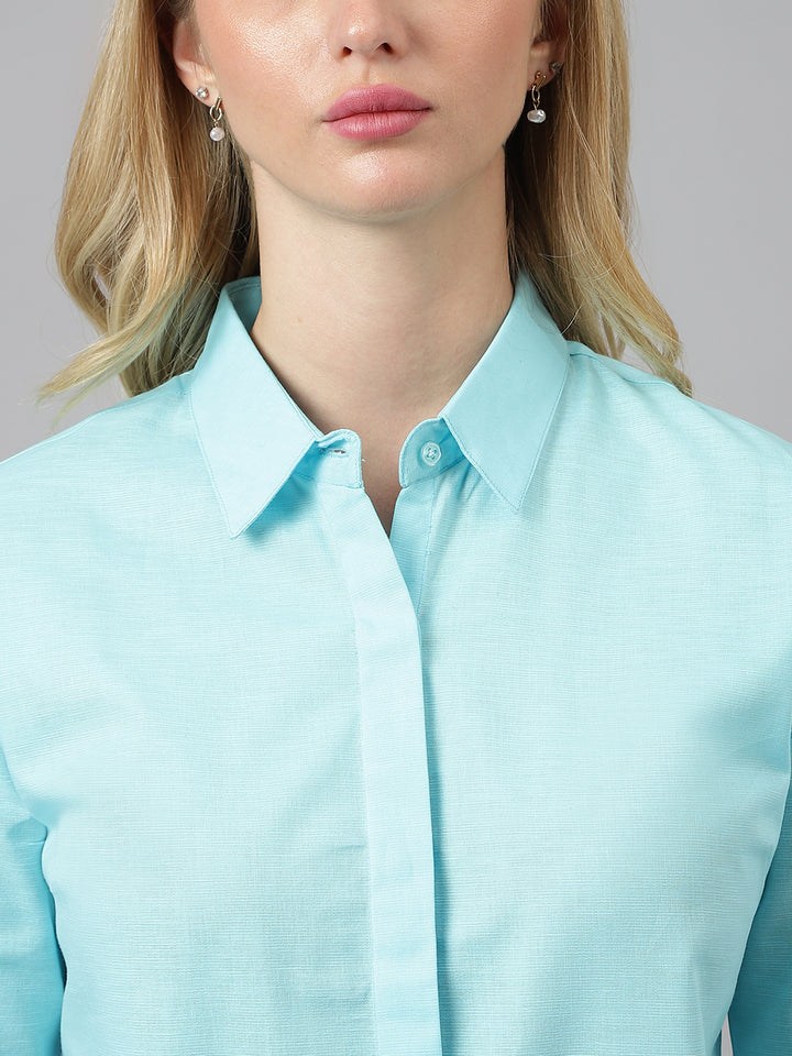Women Sky Blue Solid Linen Cotton Regular Fit Formal Shirt