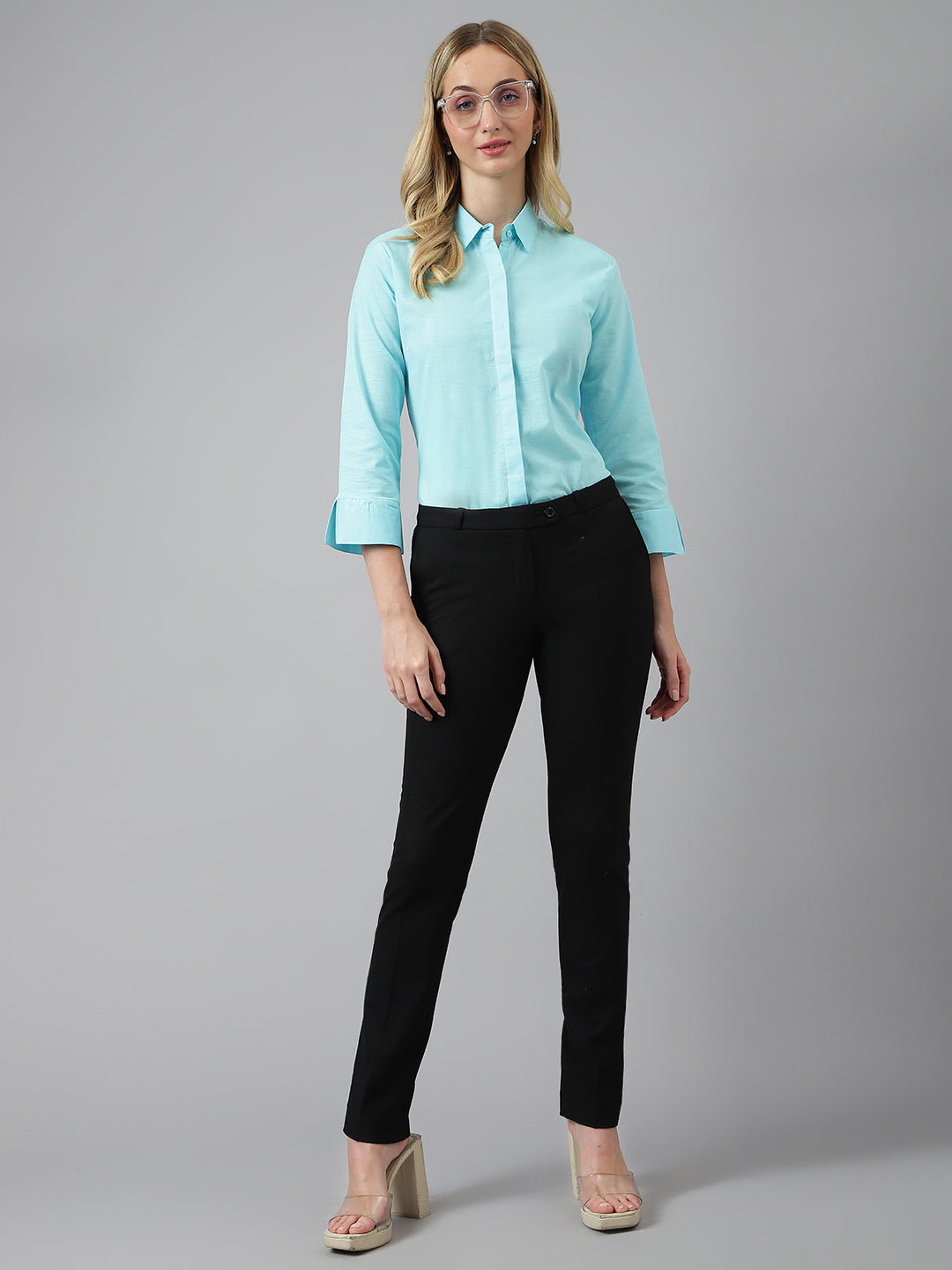 Women Sky Blue Solid Linen Cotton Regular Fit Formal Shirt