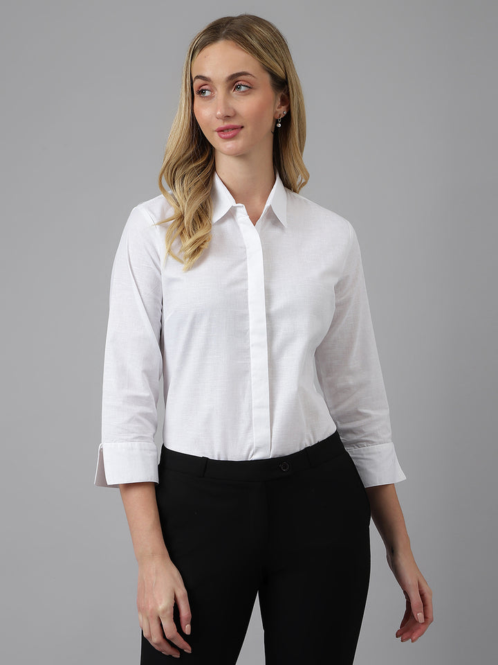 Women White Solid Linen Cotton Regular Fit Formal Shirt