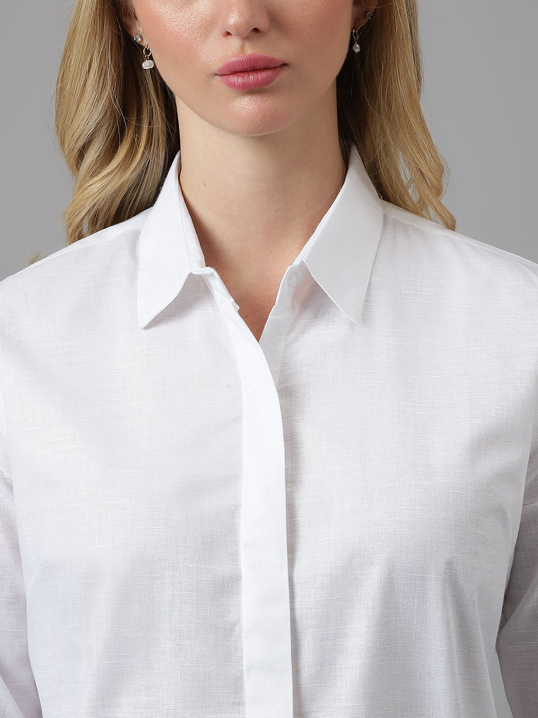 Women White Solid Linen Cotton Regular Fit Formal Shirt