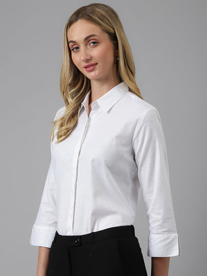 Women White Solid Linen Cotton Regular Fit Formal Shirt