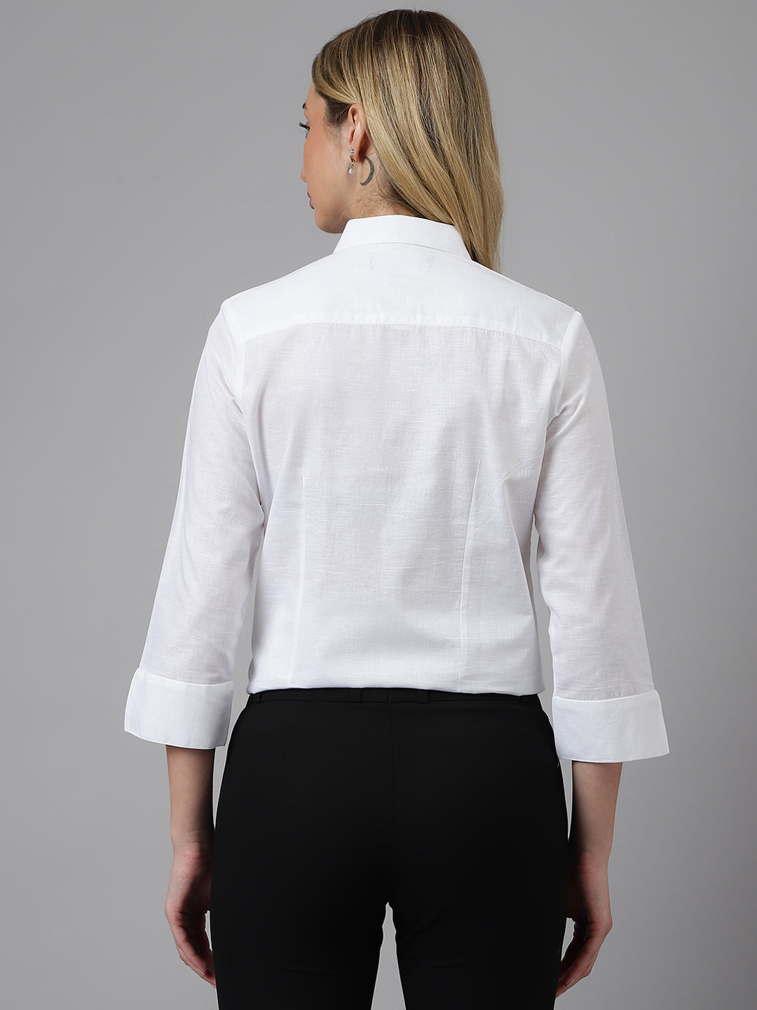 Women White Solid Linen Cotton Regular Fit Formal Shirt