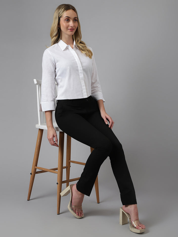 Women White Solid Linen Cotton Regular Fit Formal Shirt