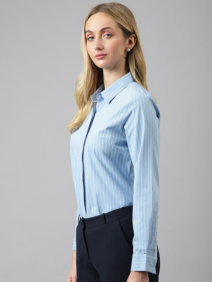 Women Blue Stripes Pure Cotton Regular Fit Formal Shirt