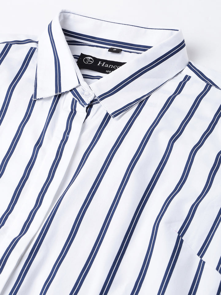 Women White &Navy Stripes Pure Cotton Regular Fit Formal Shirt