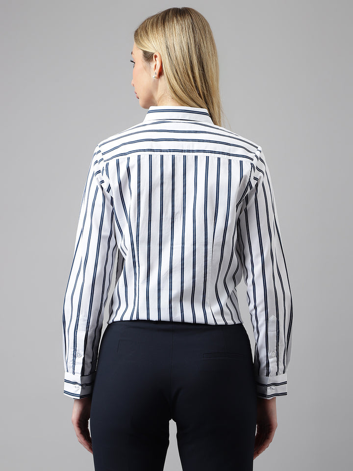 Women White &Navy Stripes Pure Cotton Regular Fit Formal Shirt