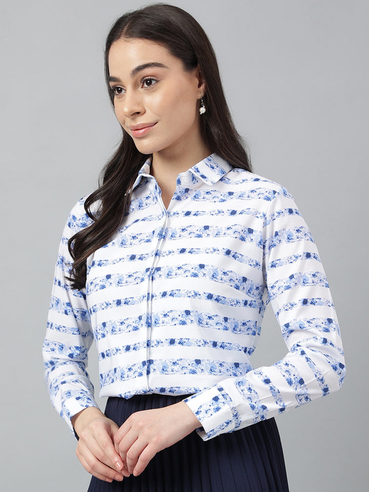 Women Blue &White Prints Pure Cotton Regular Fit Formal Shirt